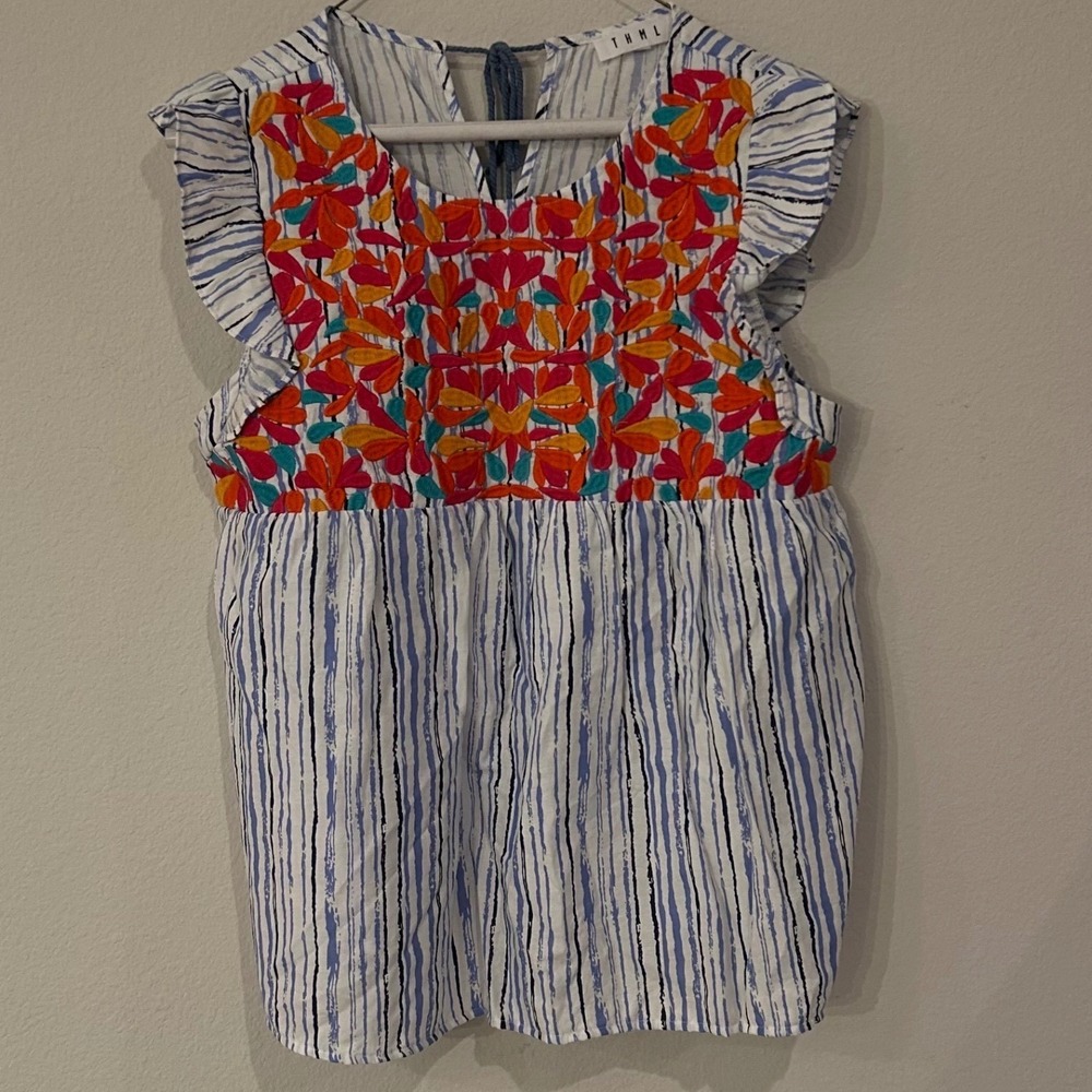 THML Small Embroidered Babydoll Top Blue Stripe Flutter Sleeve Boho Peasant - Picture 2 of 11
